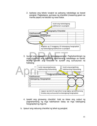 DRAFT
April 1, 2014
41
2. Ipabasa ang teksto tungkol sa paksang nakatalaga sa bawat
pangkat. Pagkatapos, gumawa ng checklist (maaaring gawin sa
manila paper) na katulad ng nasa ibaba.
Geography Checklist
Kabihasnan:
Katangiang Heograpikal:
3. Isunod ang pagsasanib ng dalawang pangkat. Paghahambingin ng
mga miyembro ang dalawang kabihasnang nakatalaga sa kanila.
Muling gamitin ang checklist at sundin ang sumusunod na
hakbang:
Geography Checklist
Kabihasnan:
Katangiang Heograpikal:
1
2
3
4. Ipaskil ang ginawang checklist. Iulat sa klase ang output ng
paghahambing ng mga kabihasnan batay sa mga katangiang
heograpikal ng mga ito.
b. Ipasuri ang nabuong checklist ng lahat ng pangkat.
Magtala ng 5 hanggang 10 katangiang heograpikal
ng nakatalagang kabihasnan sa pangkat
Isulat ang nakatalagang
kabihasnan sa pangkat
Isulat ang pangatlong
kabihasnang ihahambing.
Lagyan ng tsek (√) ang kahon kung taglay ng kabihasnang
tinukoy ang sumusunod na katangiang heograpikal.
Isulat ang pangalawang
kabihasnang ihahambing.
 