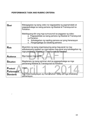 DRAFT
April 1, 2014
68
PERFORMANCE TASK AND RUBRIC CRITERIA
:
Goal Makagagawa ng isang video na nagpapakita ng pagmamalaki at
pagpapahalaga sa isang pamana ng Klasikal at Transisyunal na
Panahon.
Mabibigyang-diin ang mga sumusunod sa paggawa ng video:
a. Pagpapakilala sa isang pamana ng Klasikal at Transisyunal
na Panahon
b. Kahalagahan ng napiling pamana sa iyong henerasyon
c. Pangangalaga sa nasabing pamana
Role Miyembro ng isang organisasyong pang-mag-aaral na may
adbokasiyang ipaalam sa mga kapwa mag-aaral ang kahalagahan ng
mga pamanang Klasikal at Transisyunal na Panahon.
Audience Mga kapwa mag-aaral
Situation Magdaraos ng isang seminar ukol sa pagpapahalaga sa mga
pamanang Klasikal at Transisyunal na Panahon.
Product/
Performance
Video
Standards Ang video-kasaysayan ay mamarkahan batay sa mga itinakdang
pamantayan.
 