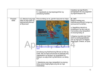 DRAFT
April 1, 2014
73
Europeo
D. mapalawak pa ang kapangyarihan ng
simbahang Katoliko
masakop ng mga Muslim,
ipinagbawal nila ang pagpasok
ng mga Kristiyano rito.
Process/
Skills
LC: Nasusuri ang mga
salik sa pag-unlad ng
kabihasnang Minoan
at Mycenean
Para sa bilang na ito, gamitin kasunod na mapa:
http://franceschini.cmswiki.wikispaces.net/Ancient+G
reece
Umusbong ang Kabihasnang Minoan sa Isla ng
Crete. Alin sa mga sumusunod na pahayag ang
nagpapakita ng ugnayan ng heograpikal na
lokasyon sa pag-unlad ng kabihasnan sa islang
ito?
I. Nakatulong ang mga nakapalibot na anyong-
tubig upang maging ligtas ang isla sa mga
mananakop
A. I at II
Naging matatag ang
Kabihasnang Minoan bunga ng
sumusunod na dahilan:
a. Nagsilbing natural na
protektisyon ng isla mula sa
mananakop ang nakapalibot
na anyong-tubig; at
b.Naging maunlad ang Crete
dahil sa pakikipagkalakalan
nito sa mga pulo sa Aegean
Sea, Egypt, Greece, at Syria.
 