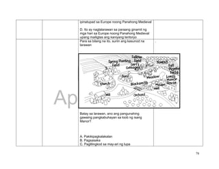 DRAFT
April 1, 2014
78
ipinatupad sa Europe noong Panahong Medieval
D. Ito ay naglalarawan sa paraang ginamit ng
mga hari sa Europe noong Panahong Medieval
upang mailigtas ang kaniyang teritoryo
Para sa bilang na ito, suriin ang kasunod na
larawan
Batay sa larawan, ano ang pangunahing
gawaing pangkabuhayan sa loob ng isang
Manor?
A. Pakikipagkalakalan
B. Pagsasaka
C. Paglilingkod sa may-ari ng lupa
.
 