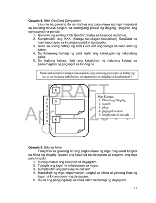 DRAFT
April 1, 2014
17
Gawain 4. KKK GeoCard Completion
Layunin ng gawaing ito na mataya ang pag-unawa ng mga mag-aaral
sa kanilang binasa tungkol sa katangiang pisikal ng daigidig. Ipagawa ang
sumusunod na panuto.
1. Gumawa ng sariling KKK GeoCard batay sa kasunod na format.
2. Kumpletuhin ang KKK (Kataga-Kahulugan-Kabuluhan) GeoCard na
may kaugnayan sa katangiang pisikal ng daigdig.
3. Isulat sa unang bahagi ng KKK GeoCard ang kataga na nasa loob ng
kahon.
4. Sa ikalawang bahagi ng card isulat ang kahulugan ng nakatalang
salita.
5. Sa ikatlong bahagi, itala ang kabuluhan ng naturang kataga sa
pamamagitan ng pagsagot sa tanong na
Gawain 5. Dito sa Amin
Tatayahin sa gawaing ito ang pagkaunawa ng mga mag-aaral tungkol
sa klima ng daigdig. Ipasuri ang kasunod na dayagram at ipagawa ang mga
panutong ito:
1. Suriing mabuti ang kasunod na dayagram.
2. Tukuyin ang lugar na inilalarawan sa mapa.
3. Kumpletuhin ang pahayag sa call out.
4. Manaliksik ng mga impormasyon tungkol sa klima at yamang likas ng
lugar na kinaroroonan ng dayagram.
5. Buuin ang pangungusap na nasa ilalim na bahagi ng dayagram.
Paano nakaiimpluwensiya/nakaaapekto ang naturang konsepto sa buhay ng
tao at sa iba pang nabubuhay na organismo sa daigdig sa kasalukuyan?
G
E
O
C
A
R
D
K
K
K
Mga Kataga:
1. Planetang Daigdig
2. mantle
3. plate
4. pagligid sa araw
5. longhitude at latitude
 