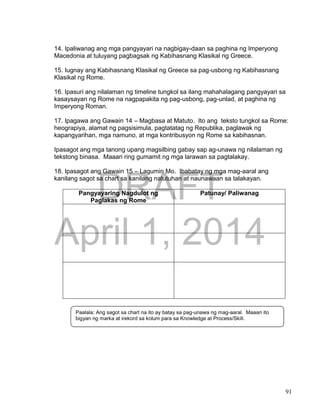 DRAFT
April 1, 2014
91
14. Ipaliwanag ang mga pangyayari na nagbigay-daan sa paghina ng Imperyong
Macedonia at tuluyang pagbagsak ng Kabihasnang Klasikal ng Greece.
15. Iugnay ang Kabihasnang Klasikal ng Greece sa pag-usbong ng Kabihasnang
Klasikal ng Rome.
16. Ipasuri ang nilalaman ng timeline tungkol sa ilang mahahalagang pangyayari sa
kasaysayan ng Rome na nagpapakita ng pag-usbong, pag-unlad, at paghina ng
Imperyong Roman.
17. Ipagawa ang Gawain 14 – Magbasa at Matuto. Ito ang teksto tungkol sa Rome:
heograpiya, alamat ng pagsisimula, pagtatatag ng Republika, paglawak ng
kapangyarihan, mga namuno, at mga kontribusyon ng Rome sa kabihasnan.
Ipasagot ang mga tanong upang magsilbing gabay sap ag-unawa ng nilalaman ng
tekstong binasa. Maaari ring gumamit ng mga larawan sa pagtalakay.
18. Ipasagot ang Gawain 15 – Lagumin Mo. Ibabatay ng mga mag-aaral ang
kanilang sagot sa chart sa kanilang natutuhan at naunawaan sa talakayan.
Pangyayaring Nagdulot ng
Paglakas ng Rome
Patunay/ Paliwanag
Paalala: Ang sagot sa chart na ito ay batay sa pag-unawa ng mag-aaral. Maaari ito
bigyan ng marka at irekord sa kolum para sa Knowledge at Process/Skill.
 