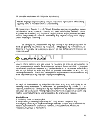 DRAFT
April 1, 2014
93
21. Ipasagot ang Gawain 18 – Pagsulat ng Sanaysay.
22. Ipasagot ang Gawain 19 – I-R-F Chart. Pabalikan sa mga mag-aaral ang tanong
na inilahad sa bahagi ng Alamin. Ipasulat ang sagot sa bahaging “Revised”. Ipasuri
ang pangkalahatang sagot ng mag-aaral. Bigyang-pansin ang mga bahagi ng paksa
na hindi nila gaanong nauunawaan. Suriin kung may naganap na pag-unlad sa pag-
unawa nila tungkol sa tanong. .
PAGNILAYAN AT UNAWAIN
23. Higit na mauunawaan ng mag-aaral ang aralin kung kung maiuugnay ito sa
kanilang sariling karanasan at kakayahan. Sa pamamagitan ng Gawain 20 – E-
Postcard, susuriin ang kahalagahan ng mga kontribusyon ng Kabihasnang Klasikal
sa Europe sa kasalukuyan. Upang maging mas kawili-wili ang gawain, ipagamit ang
napiling social networking site upang ipabatid sa iba ang kanilang nagawa.
Mga hakbang:
1. Hatiin ang klase sa mga pangkat.
2. Italaga sa mga nabuong pangkat ang iba’t ibang aspekto kung saan may
mahalagang kontribusyon ang Kabihasnang Klasikal sa Europe. Ang sumusunod na
aspekto ay Pamahalaan, Ekonomiya, Relihiyon, Sining at Kultura, Arkitektura,
Pilosopiya, Siyensiya at Teknolohiya.
Paalala: Ang sagot sa gawaing ito ay batay sa pagkaunawa ng mag-aaral. Maaari itong
bigyan ng marka at irekord sa kolum na Understanding.
Sa bahaging ito, mababalikan ang mga tanong at mga bahagi ng aralin na
hindi pa gaanong nauunawaan ng mag-aaral. Magsagawa ng reinforcement, re-
teaching o magbigay ng karagdagang gawain sa mga bahaging hindi malinaw sa
mga mag-aaral.
Layunin nitong palalimin ang pag-unawa ng mag-aaral sa aralin sa pamamagitan ng
mga mapanghamong gawain. Isinasagawa sa bahaging ito ang pagninilay – kung saan
babalikan at susuriin ng mag-aaral ang kanilang kaalaman at pag-unawa, aalamin kung
alin sa mga bahagi ng aralin ang hindi pa gaanong naunawaan, at kung ano ang
kanilang realisasyon. Bukod dito, kailangan din mapatunayan na naunawaan nila ang
aralin sa pamamagitan ng pagsagot sa pangunahing tanong.
 