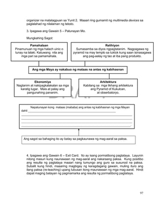DRAFT
April 1, 2014
97
organizer na matatagpuan sa Yunit 2. Maaari ring gumamit ng multimedia devices sa
paglalahad ng nilalaman ng teksto.
3. Ipagawa ang Gawain 5 – Patunayan Mo.
Mungkahing Sagot:
4. Ipagawa ang Gawain 6 – Exit Card. Ito ay isang pormatibong pagtataya. Layunin
nitong masuri kung naunawaan ng mag-aaral ang nakaraang paksa. Kung positibo
ang resulta ng pagtataya maaari nang tumungo ang guro sa susunod na paksa.
Subalit kung hindi, maaaring magbigay ng karagdagang gawain, muling ituro ang
ilang paksa (re-teaching) upang lubusan itong maunawaan ng mga mag-aaral. Hindi
dapat maging batayan ng pagmamarka ang resulta ng pormatibong pagtataya.
Ang mga Maya ay nakabuo ng mataas na antas ng kabihasnan
Pamahalaan
Pinamunuan ng mga halach uinic o
tunay na lalaki. Katuwang nila ang
mga pari sa pamamahala.
Ekonomiya
Nagtanim at nakipagkalakalan sa mga
karatig lugar. Mais at palay ang
pangunahing pananim.
Relihiyon
Sumasamba sa diyos ngpagtatanim. Nagpagawa ng
pyramid na may templo sa tuktok kung saan isinasagawa
ang pag-aalay ng tao at iba pang produkto.
Arkitektura
Kabilang sa mga likhang arkitektura
ang Pyramid of Kukulcan,
at obserbatoryo.
Napatunayan kong mataas (mababa) ang antas ng kabihasnan ng mga Mayan
dahil _________________________________________________________
________________________________________________________________________
________________________________________________________________________
________________________________________________________________________
_______________________________________________________________________.
Ang sagot sa bahaging ito ay batay sa pagkaunawa ng mag-aaral sa paksa.
 