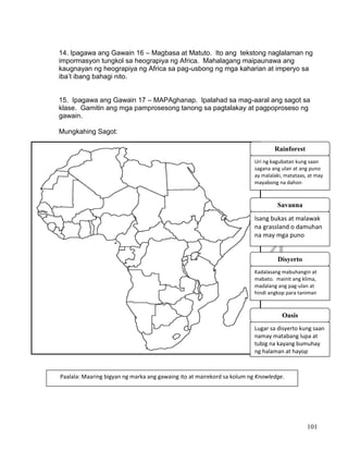 DRAFT
April 1, 2014
101
14. Ipagawa ang Gawain 16 – Magbasa at Matuto. Ito ang tekstong naglalaman ng
impormasyon tungkol sa heograpiya ng Africa. Mahalagang maipaunawa ang
kaugnayan ng heograpiya ng Africa sa pag-usbong ng mga kaharian at imperyo sa
iba’t ibang bahagi nito.
15. Ipagawa ang Gawain 17 – MAPAghanap. Ipalahad sa mag-aaral ang sagot sa
klase. Gamitin ang mga pamprosesong tanong sa pagtalakay at pagpoproseso ng
gawain.
Mungkahing Sagot:
Uri ng kagubatan kung saan
sagana ang ulan at ang puno
ay malalaki, matataas, at may
mayabong na dahon
Rainforest
Isang bukas at malawak
na grassland o damuhan
na may mga puno
Savanna
Kadalasang mabuhangin at
mabato. mainit ang klima,
madalang ang pag-ulan at
hindi angkop para taniman
Disyerto
Lugar sa disyerto kung saan
namay matabang lupa at
tubig na kayang bumuhay
ng halaman at hayop
Oasis
Paalala: Maaring bigyan ng marka ang gawaing ito at mairekord sa kolum ng Knowledge.
 