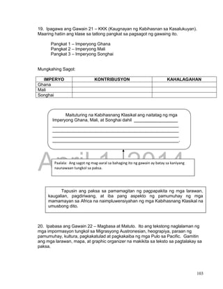 DRAFT
April 1, 2014
103
19. Ipagawa ang Gawain 21 – KKK (Kaugnayan ng Kabihasnan sa Kasalukuyan).
Maaring hatiin ang klase sa tatlong pangkat sa pagsagot ng gawaing ito.
Pangkat 1 – Imperyong Ghana
Pangkat 2 – Imperyong Mali
Pangkat 3 – Imperyong Songhai
Mungkahing Sagot:
IMPERYO KONTRIBUSYON KAHALAGAHAN
Ghana
Mali
Songhai
20. Ipabasa ang Gawain 22 – Magbasa at Matuto. Ito ang tekstong naglalaman ng
mga impormasyon tungkol sa Migrasyong Austronesian, heograpiya, paraan ng
pamumuhay, kultura, pagkakatulad at pagkakaiba ng mga Pulo sa Pacific. Gamitin
ang mga larawan, mapa, at graphic organizer na makikita sa teksto sa pagtalakay sa
paksa.
Maituturing na Kabihasnang Klasikal ang naitatag ng mga
Imperyong Ghana, Mali, at Songhai dahil __________________
____________________________________________________
____________________________________________________
____________________________________________________
____________________________________________________.
Paalala: Ang sagot ng mag-aaral sa bahaging ito ng gawain ay batay sa kaniyang
naunawaan tungkol sa paksa.
Tapusin ang paksa sa pamamagitan ng pagpapakita ng mga larawan,
kaugalian, pagdiriwang, at iba pang aspekto ng pamumuhay ng mga
mamamayan sa Africa na naimpluwensiyahan ng mga Kabihasnang Klasikal na
umusbong dito.
 
