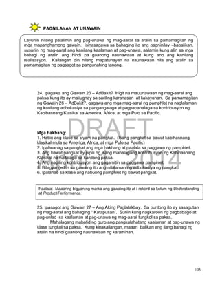 DRAFT
April 1, 2014
105
PAGNILAYAN AT UNAWAIN
24. Ipagawa ang Gawain 26 – AdBakit? Higit na mauunawaan ng mag-aaral ang
paksa kung ito ay maiiugnay sa sariling karanasan at kakayahan. Sa pamamagitan
ng Gawain 26 – AdBakit?, gagawa ang mga mag-aaral ng pamphlet na naglalaman
ng kanilang adbokasiya sa pangangalaga at pagpapahalaga sa kontribusyon ng
Kabihasnang Klasikal sa America, Africa, at mga Pulo sa Pacific.
Mga hakbang:
1. Hatiin ang klase sa siyam na pangkat. (Isang pangkat sa bawat kabihasnang
klasikal mula sa America, Africa, at mga Pulo sa Pacific)
2. Ipaliwanag sa pangkat ang mga hakbang at paalala sa paggawa ng pamphlet.
3. Ang bawat pangkat ay pipili ng isang mahalagang kontribusyon ng Kabihasnang
Klasikal na naitalaga sa kanilang paksa.
4. Ang napiling kontribusyon ang gagamitin sa paggawa pamphlet.
5. Bibigyang-diin sa gawaing ito ang nilalaman ng adbokasiya ng pangkat.
6. Ipalahad sa klase ang nabuong pamphlet ng bawat pangkat.
25. Ipasagot ang Gawain 27 – Ang Aking Paglalakbay. Sa puntong ito ay sasagutan
ng mag-aaral ang bahaging “ Katapusan”. Suriin kung nagkaroon ng pagbabago at
pag-unlad sa kaalaman at pag-unawa ng mag-aaral tungkol sa paksa.
Mahalagang mabatid ng guro ang pangkalahatang kaalaman at pag-unawa ng
klase tungkol sa paksa. Kung kinakailangan, maaari balikan ang ilang bahagi ng
aralin na hindi gaanong naunawaan ng karamihan.
Layunin nitong palalimin ang pag-unawa ng mag-aaral sa aralin sa pamamagitan ng
mga mapanghamong gawain. Isinasagawa sa bahaging ito ang pagninilay –babalikan,
susuriin ng mag-aaral ang kanilang kaalaman at pag-unawa, aalamin kung alin sa mga
bahagi ng aralin ang hindi pa gaanong naunawaan at kung ano ang kanilang
realisasyon. Kailangan din nilang mapatunayan na naunawaan nila ang aralin sa
pamamagitan ng pagsagot sa pangunahing tanong.
Paalala: Maaaring bigyan ng marka ang gawaing ito at i-rekord sa kolum ng Understanding
at Product/Performance.
 