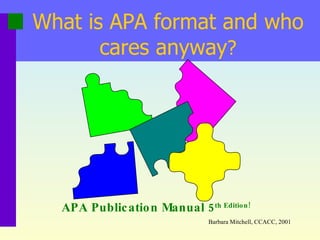 What is APA format and who cares anyway ? APA Publication Manual 5 th  Edition! Barbara Mitchell, CCACC, 2001 