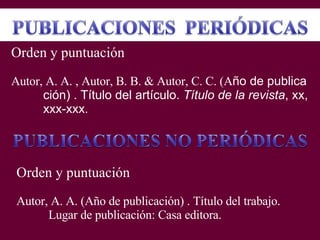 TECNOLOGÍA Y DESARROLLO PROFESIONAL                                                 6




                                                                                                        Ejemplo de
                                                                                                        cita directa.
                                                                                                        Contiene
                                                                                                        menos de 40
                                                                                                        palabras y es
                                                                                                        parte del
                                                                                                        párrafo que
                                                                                                        tu escribes.
                                                                                                        Las comillas
                                                                                                        la identifican
                                                                                                        como una
Recuerda                                                                                                cita de otra
incluir en tu                                                                                           persona.
lista de
referencias
el recurso
que acabas
de citar.




         Johnson, M. (February 4, 2000). New roles for educators. Retrieved from ,
                      http://www.mff.org/edtech/article.taf? _function =details &content_uid1=290
 