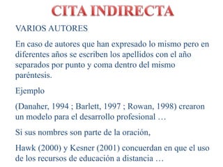 TECNOLOGíA Y DESARROLLO PROFESIONAL 10 
Ejemplo de 
una cita 
indirecta de 
autores que 
dijeron lo 
mismo en 
años 
diferentes. 
La cita aparece en 
rojo únicamente 
para identificarla 
en ésta 
presentación. En 
tu trabajo va todo 
en color negro. 
 