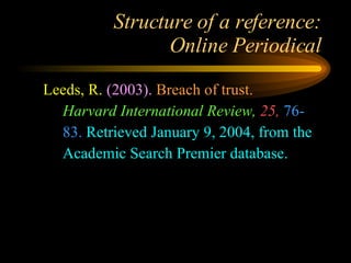 Structure of a reference: Online Periodical Leeds, R.   (2003).   Breach of trust. Harvard International Review,   25,   76- 83.   Retrieved January 9, 2004, from the Academic Search Premier database. 