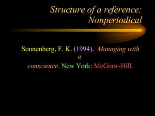 Structure of a reference: Nonperiodical Sonnenberg, F. K.   (1994).   Managing with a  conscience.   New York:   McGraw-Hill. 