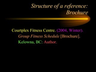 Structure of a reference: Brochure Courtplex Fitness Centre.   (2004, Winter). Group Fitness Schedule  [Brochure]. Kelowna, BC:   Author. 