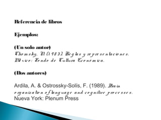 Referencia de libros
Ejemplos:
(Un solo autor)
Cho m sky, N. (1 9 8 3). Re g las y re pre se ntacio ne s.
Mé xico : Fo ndo de Cultura Eco nó m ica.
(Dos autores)
Ardila, A. & Ostrossky-Solís, F. (1989). Brain
o rg aniz atio n o f lang uag e and co g nitive pro ce sse s.
Nueva York: Plenum Press
 