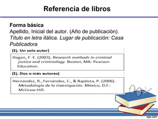 Referencia de libros
Forma básica
Apellido, Inicial del autor. (Año de publicación).
Título en letra itálica. Lugar de publicación: Casa
Publicadora
 