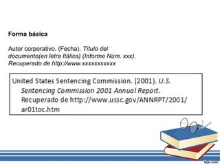 Forma básica
Autor corporativo. (Fecha). Título del
documento(en letra Itálica) (Informe Núm. xxx).
Recuperado de http://www.xxxxxxxxxxx
 