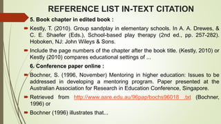 REFERENCE LIST IN-TEXT CITATION
5. Book chapter in edited book :
 Kestly, T. (2010). Group sandplay in elementary schools. In A. A. Drewes, &
C. E. Shaefer (Eds.), School-based play therapy (2nd ed., pp. 257-282).
Hoboken, NJ: John Wileys & Sons.
 Include the page numbers of the chapter after the book title. (Kestly, 2010) or
Kestly (2010) compares educational settings of ...
6. Conference paper online :
 Bochner, S. (1996, November) Mentoring in higher education: Issues to be
addressed in developing a mentoring program. Paper presented at the
Australian Association for Research in Education Conference, Singapore.
 Retrieved from http://www.aare.edu.au/96pap/bochs96018 .txt (Bochner,
1996) or
 Bochner (1996) illustrates that...
 