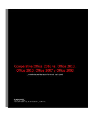 Comparativa:Office 2016 vs. Office 2013,
Office 2010, Office 2007 y Office 2003
Diferencias entre las diferentes versiones
Tutor00692
UNIVERSIDADGALILEO CEI:SanPedroSac., SanMarcos
 