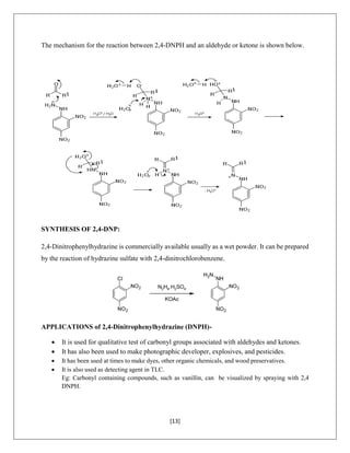 [13]
The mechanism for the reaction between 2,4-DNPH and an aldehyde or ketone is shown below.
SYNTHESIS OF 2,4-DNP:
2,4-Dinitrophenylhydrazine is commercially available usually as a wet powder. It can be prepared
by the reaction of hydrazine sulfate with 2,4-dinitrochlorobenzene.
APPLICATIONS of 2,4-Dinitrophenylhydrazine (DNPH)-
 It is used for qualitative test of carbonyl groups associated with aldehydes and ketones.
 It has also been used to make photographic developer, explosives, and pesticides.
 It has been used at times to make dyes, other organic chemicals, and wood preservatives.
 It is also used as detecting agent in TLC.
Eg: Carbonyl containing compounds, such as vanillin, can be visualized by spraying with 2,4
DNPH.
 