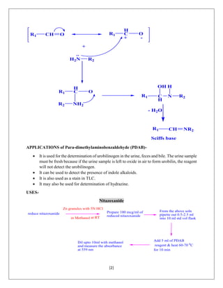 [2]
R2H2N
R1 CH O R1
H
C O
+ -
+
..
R1
H
C O
NH2R2
R1 C
H
OH
N
H
R2
R1 CH NR2
- H2O
Sciffs base
APPLICATIONS of Para-dimethylaminobenzaldehyde (PDAB)-
 It is used for the determination of urobilinogen in the urine, feces and bile. The urine sample
must be fresh because if the urine sample is left to oxide in air to form urobilin, the reagent
will not detect the urobilinogen.
 It can be used to detect the presence of indole alkaloids.
 It is also used as a stain in TLC.
 It may also be used for determination of hydrazine.
USES-
Nitazoxanide
reduce nitazoxanide
Zn granules with 5N HCl
in Methanol at RT
Prepare 100 mcg/ml of
reduced nitazoxanide
From the above soln
pipette out 0.5-2.5 ml
into 10 ml std vol flask
Add 5 ml of PDAB
reagent & heat 60-70 0
C
for 10 min
Dil upto 10ml with methanol
and measure the absorbance
at 559 nm
 