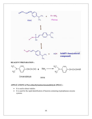 [4]
REAGENT PREPARATION :
APPLICATIONS of Para-dimethylaminocinnamaldehyde (PDAC) -
 It is used to detect indoles.
 It is used for the rapid identification of bacteria containing tryptophanase enzyme
systems.
 