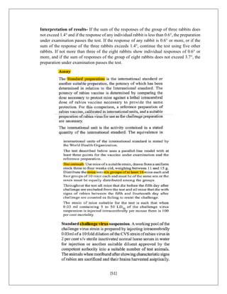 [51]
Interpretation of results- If the sum of the responses of the group of three rabbits does
not exceed 1.4° and if the response of any individual rabbit is less than 0.6°, the preparation
under examination passes the test. If the response of any rabbit is 0.6° or more, or if the
sum of the response of the three rabbits exceeds 1.4°, continue the test using five other
rabbits. If not more than three of the eight rabbits show individual responses of 0.6° or
more, and if the sum of responses of the group of eight rabbits does not exceed 3.7°, the
preparation under examination passes the test.
 