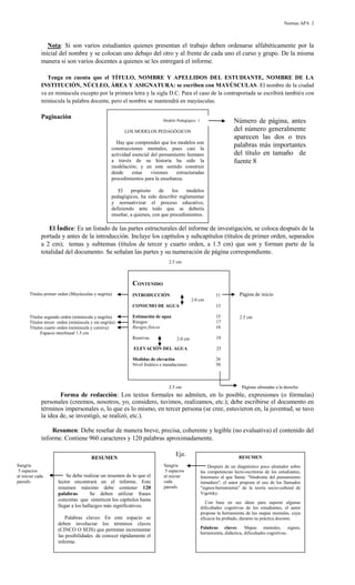 Normas APA 2

Nota: Si son varios estudiantes quienes presentan el trabajo deben ordenarse alfabéticamente por la
inicial del nombre y se colocan uno debajo del otro y al frente de cada uno el curso y grupo. De la misma
manera si son varios docentes a quienes se les entregará el informe.
Tenga en cuenta que el TÍTULO, NOMBRE Y APELLIDOS DEL ESTUDIANTE, NOMBRE DE LA
INSTITUCIÓN, NÚCLEO, ÁREA Y ASIGNATURA: se escriben con MAYÚSCULAS. El nombre de la ciudad
va en minúscula excepto por la primera letra y la sigla D.C. Para el caso de la contraportada se escribirá también con
minúscula la palabra docente, pero el nombre se mantendrá en mayúsculas.

Paginación

Número de página, antes
del número generalmente
aparecen las dos o tres
palabras más importantes
del título en tamaño de
fuente 8

Modelo Pedagógico 1

LOS MODELOS PEDAGÓGICOS

Hay que comprender que los modelos son
construcciones mentales, pues casi la
actividad esencial del pensamiento humano
a través de su historia ha sido la
modelación; y en este sentido construir
desde
estas
visiones
estructuradas
procedimientos para la enseñanza.
El
propósito
de
los
modelos
pedagógicos, ha sido describir reglamentar
y normativizar el proceso educativo,
definiendo ante todo que se debería
enseñar, a quienes, con que procedimientos.

El Índice: Es un listado de las partes estructurales del informe de investigación, se coloca después de la
portada y antes de la introducción. Incluye los capítulos y subcapítulos (títulos de primer orden, separados
a 2 cm); temas y subtemas (títulos de tercer y cuarto orden, a 1.5 cm) que son y forman parte de la
totalidad del documento. Se señalan las partes y su numeración de página correspondiente.
2.5 cm

CONTENIDO
Títulos primer orden (Mayúsculas y negrita)

INTRODUCCIÓN

11

Página de inicio

2.0 cm
CONSUMO DE AGUA
Títulos segundo orden (minúscula y negrita)
Títulos tercer orden (minúscula y sin negrita)
Títulos cuarto orden (minúscula y cursiva)
Espacio interlineal 1.5 cm

13

Estimación de agua
Riesgos
Riesgos físicos

15
17
18

Reservas

2.0 cm

2.5 cm

19

ELEVACIÓN DEL AGUA

25

Medidas de elevación
Nivel freático e inundaciones

28
30

2.5 cm

Páginas alineadas a la derecha

Forma de redacción: Los textos formales no admiten, en lo posible, expresiones (o fórmulas)
personales (creemos, nosotros, yo, considero, tuvimos, realizamos, etc.); debe escribirse el documento en
términos impersonales o, lo que es lo mismo, en tercer persona (se cree, estuvieron en, la juventud, se tuvo
la idea de, se investigó, se realizó, etc.).
Resumen: Debe reseñar de manera breve, precisa, coherente y legible (no evaluativa) el contenido del
informe. Contiene 960 caracteres y 120 palabras aproximadamente.
RESUMEN
Sangría
5 espacios
al iniciar cada
párrafo

Se debe realizar un resumen de lo que el
lector encontrará en el informe. Este
resumen máximo debe contener 120
palabras.
Se deben utilizar frases
concretas que sinteticen los capítulos hasta
llegar a los hallazgos más significativos.
Palabras claves: En este espacio se
deben involucrar los términos claves
(CINCO O SEIS) que permitan incrementar
las posibilidades de conocer rápidamente el
informe.

Eje.
Sangría
5 espacios
al iniciar
cada
párrafo

RESUMEN
Después de un diagnóstico poco alentador sobre
las competencias lecto-escritoras de los estudiantes,
fenómeno al que llama: "Síndrome del pensamiento
inmaduro", el autor propone el uso de los llamados
"signos-herramienta" de la teoría socio-cultural de
Vigotsky.
Con base en sus ideas para superar algunas
dificultades cognitivas de los estudiantes, el autor
propone la herramienta de los mapas mentales, cuya
eficacia ha probado, durante su práctica docente.
Palabras claves: Mapas mentales, signos,
herramienta, didáctica, dificultades cognitivas.

 