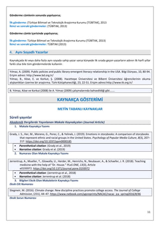 11
Gönderme cümlenin sonunda yapılıyorsa;
İlk gönderme: (Türkiye Bilimsel ve Teknolojik Araştırma Kurumu [TÜBİTAK], 2013
İkinci ve sonraki göndermeler: (TÜBİTAK, 2013)
Gönderme cümle içerisinde yapılıyorsa;
İlk gönderme: Türkiye Bilimsel ve Teknolojik Araştırma Kurumu (TÜBİTAK, 2013)
İkinci ve sonraki göndermeler: TÜBİTAK (2013)
4. Aynı Soyadlı Yazarlar
Kaynakçada iki veya daha fazla aynı soyada sahip yazar varsa künyede ilk sırada geçen yazarların adının ilk harfi yıllar
farklı olsa bile tüm göndermelerde kullanılır.
Yılmaz, A. (2009). Public policies and public library-emergent literacy relationship in the USA. Bilgi Dünyası, 10, 80-94.
Erişim adresi: http://www.bd.org.tr/
Yılmaz, B., Köse, E. ve Korkut, Ş. (2008). Hacettepe Üniversitesi ve Bilkent Üniversitesi öğrencilerinin okuma
alışkanlıkları üzerine bir araştırma. Türk Kütüphaneciliği, 23, 22-51. Erişim adresi:http://www.tk.org.tr/
B. Yılmaz, Köse ve Korkut (2008) ile A. Yılmaz (2009) çalışmalarında bahsedildiği gibi.......
KAYNAKÇA GÖSTERİMİ
METİN TABANLI KAYNAKLAR
Süreli yayınlar
Akademik Dergilerde Yayınlanan Makale Kaynakçaları (Journal Article)
1. Makale Kaynakça Yazımı
Grady, J. S., Her, M., Moreno, G., Perez, C., & Yelinek, J. (2019). Emotions in storybooks: A comparison of storybooks
that represent ethnic and racial groups in the United States. Psychology of Popular Media Culture, 8(3), 207–
217. https://doi.org/10.1037/ppm0000185
• Parenthetical citation: (Grady et al., 2019)
• Narrative citation: Grady et al. (2019)
2. Numarası Olan Makale Kaynakça Yazımı
Jerrentrup, A., Mueller, T., Glowalla, U., Herder, M., Henrichs, N., Neubauer, A., & Schaefer, J. R. (2018). Teaching
medicine with the help of “Dr. House.” PLoS ONE, 13(3), Article
e0193972. https://doi.org/10.1371/journal.pone.0193972
• Parenthetical citation: (Jerrentrup et al., 2018)
• Narrative citation: Jerrentrup et al. (2018)
3. Bilgileri Eksik Olan Makalelerin Kaynakça Yazımı
Eksik Cilt Numarası
Stegmeir, M. (2016). Climate change: New discipline practices promote college access. The Journal of College
Admission, (231), 44–47. https://www.nxtbook.com/ygsreprints/NACAC/nacac_jca_spring2016/#/46
Eksik Sorun Numarası
 