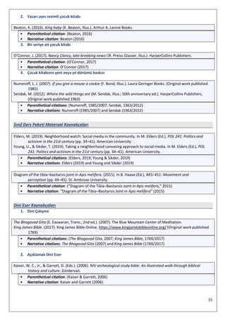 15
2. Yazarı aynı resimli çocuk kitabı
Beaton, K. (2016). King baby (K. Beaton, Illus.). Arthur A. Levine Books.
• Parenthetical citation: (Beaton, 2016)
• Narrative citation: Beaton (2016)
3. Bir seriye ait çocuk kitabı
O’Connor, J. (2017). Nancy Clancy, late-breaking news! (R. Preiss Glasser, Illus.). HarperCollins Publishers.
• Parenthetical citation: (O’Connor, 2017)
• Narrative citation: O’Connor (2017)
4. Çocuk kitabının yeni veya yıl dönümü baskısı
Numeroff, L. J. (2007). If you give a mouse a cookie (F. Bond, Illus.). Laura Geringer Books. (Original work published
1985)
Sendak, M. (2012). Where the wild things are (M. Sendak, Illus.; 50th anniversary ed.). HarperCollins Publishers.
(Original work published 1963)
• Parenthetical citations: (Numeroff, 1985/2007; Sendak, 1963/2012)
• Narrative citations: Numeroff (1985/2007) and Sendak (1963/2012)
Sınıf Ders Paketi Materyal Kaynakçaları
Elders, M. (2019). Neighborhood watch: Social media in the community. In M. Elders (Ed.), POL 241: Politics and
activism in the 21st century (pp. 34–41). American University.
Young, U., & Sikder, T. (2019). Taking a neighborhood canvasing approach to social media. In M. Elders (Ed.), POL
241: Politics and activism in the 21st century (pp. 34–41). American University.
• Parenthetical citations: (Elders, 2019; Young & Sikder, 2019)
• Narrative citations: Elders (2019) and Young and Sikder (2019)
Diagram of the tibia–basitarsis joint in Apis melifera. (2015). In B. Haave (Ed.), NEU 451: Movement and
perception (pp. 44–45). St. Ambrose University.
• Parenthetical citation: (“Diagram of the Tibia–Basitarsis Joint in Apis melifera,” 2015)
• Narrative citation: “Diagram of the Tibia–Basitarsis Joint in Apis melifera” (2015)
Dini Eser Kaynakçaları
1. Dini Çalışma
The Bhagavad Gita (E. Easwaran, Trans.; 2nd ed.). (2007). The Blue Mountain Center of Meditation.
King James Bible. (2017). King James Bible Online. https://www.kingjamesbibleonline.org/ (Original work published
1769)
• Parenthetical citations: (The Bhagavad Gita, 2007; King James Bible, 1769/2017)
• Narrative citations: The Bhagavad Gita (2007) and King James Bible (1769/2017)
2. Açıklamalı Dini Eser
Kaiser, W. C., Jr., & Garrett, D. (Eds.). (2006). NIV archeological study bible: An illustrated walk through biblical
history and culture. Zondervan.
• Parenthetical citation: (Kaiser & Garrett, 2006)
• Narrative citation: Kaiser and Garrett (2006)
 