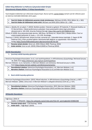 16
Editör Kitap Bölümleri ve Referans Çalışmalarındaki Girişler
Düzenlenmiş Kitapta Bölüm / E-Kitap Kaynakçaları
Yazılı kitapların bölümleri için referanslar oluşturmayın. Bunun yerine, yazılan kitabın tamamı için bir referans yazın
ve istenirse metindeki bölümden alıntı yapın.
• Yazılı bir kitabın bir bölümünün parantez içinde alıntılanması: (McEwen & Wills, 2014, Bölüm 16, s. 363)
• Yazılı bir kitabın bir bölümünün anlatı alıntı: McEwen and Wills (2014, Bölüm 16, s. 363)
Aron, L., Botella, M. ve Lubart, T. (2019). Mutfak sanatları: Yetenek ve gelişimi. RF Subotnik, P. Olszewski-Kubilius ve
FC Worrell (Eds.), Yüksek performansın psikolojisi: İnsan potansiyelini alana özgü yeteneklere
dönüştürmek (s. 345-359). Amerika Psikoloji Derneği. https://doi.org/10.1037/0000120-016
Dillard, JP (2020). İkna çalışmalarındaki akımlar. MB Oliver, AA Raney ve J. Bryant (Eds.), Medya etkileri: Teori ve
araştırmadaki gelişmeler (4. baskı, s. 115-129). Routledge.
Thestrup, K. (2010). Dönüştürmek, iletişim kurmak, oynamak için - Eylemdeki deney topluluğu. E. Hygum & PM
Pedersen (Ed.), Erken çocukluk eğitimi: Danimarka'daki değerler ve uygulamalar. Hans Reitzels
Forlag. https://earlychildhoodeducation.digi.hansreitzel.dk/?id=192
• Parantez içinde alıntılar: (Aron vd., 2019; Dillard, 2020; Thestrup, 2010)
• Anlatı alıntılar: Aron ve ark. (2019), Dillard (2020) ve Thestrup (2010)
Sözlük Kaynakçaları
1. Çevrimiçi sözlük kaynakça gösterme
American Psychological Association. (n.d.). Just-world hypothesis. In APA dictionary of psychology. Retrieved January
18, 2020, from https://dictionary.apa.org/just-world-hypothesis
Merriam-Webster. (n.d.). Semantics. In Merriam-Webster.com dictionary. Retrieved January 4, 2020,
from https://www.merriam-webster.com/dictionary/semantics
• Parenthetical citations: (American Psychological Association, n.d.; Merriam-Webster, n.d.)
• Narrative citations: American Psychological Association (n.d.) and Merriam-Webster (n.d.)
2. Basılı sözlük kaynakça gösterme
American Psychological Association. (2015). Mood induction. In APA dictionary of psychology (2nd ed., p. 667).
Merriam-Webster. (2003). Litmus test. In Merriam-Webster’s collegiate dictionary (11th ed., p. 727).
• Parenthetical citations: (American Psychological Association, 2015; Merriam-Webster, 2003)
• Narrative citations: American Psychological Association (2015) and Merriam-Webster (2003)
Wikipedia Kaynakçası
Yağlı boya. (2019, 8
Aralık). In Wikipedia . https://en.wikipedia.org/w/index.php?title=Oil_painting&oldid=929802398
• Parantez içinde alıntı : ("Oil Painting," 2019)
• Anlatı alıntı : "Yağlı Boya" (2019)
 