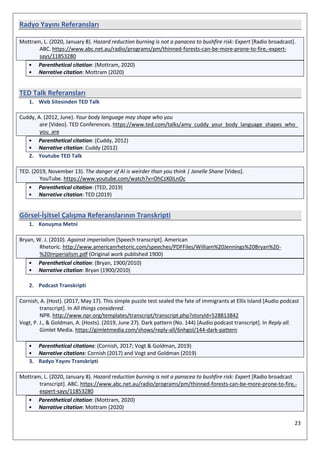 23
Radyo Yayını Referansları
Mottram, L. (2020, January 8). Hazard reduction burning is not a panacea to bushfire risk: Expert [Radio broadcast].
ABC. https://www.abc.net.au/radio/programs/pm/thinned-forests-can-be-more-prone-to-fire,-expert-
says/11853280
• Parenthetical citation: (Mottram, 2020)
• Narrative citation: Mottram (2020)
TED Talk Referansları
1. Web Sitesinden TED Talk
Cuddy, A. (2012, June). Your body language may shape who you
are [Video]. TED Conferences. https://www.ted.com/talks/amy_cuddy_your_body_language_shapes_who_
you_are
• Parenthetical citation: (Cuddy, 2012)
• Narrative citation: Cuddy (2012)
2. Youtube TED Talk
TED. (2019, November 13). The danger of AI is weirder than you think | Janelle Shane [Video].
YouTube. https://www.youtube.com/watch?v=OhCzX0iLnOc
• Parenthetical citation: (TED, 2019)
• Narrative citation: TED (2019)
Görsel-İşitsel Çalışma Referanslarının Transkripti
1. Konuşma Metni
Bryan, W. J. (2010). Against imperialism [Speech transcript]. American
Rhetoric. http://www.americanrhetoric.com/speeches/PDFFiles/William%20Jennings%20Bryan%20-
%20Imperialism.pdf (Original work published 1900)
• Parenthetical citation: (Bryan, 1900/2010)
• Narrative citation: Bryan (1900/2010)
2. Podcast Transkripti
Cornish, A. (Host). (2017, May 17). This simple puzzle test sealed the fate of immigrants at Ellis Island [Audio podcast
transcript]. In All things considered.
NPR. http://www.npr.org/templates/transcript/transcript.php?storyId=528813842
Vogt, P. J., & Goldman, A. (Hosts). (2019, June 27). Dark pattern (No. 144) [Audio podcast transcript]. In Reply all.
Gimlet Media. https://gimletmedia.com/shows/reply-all/6nhgol/144-dark-pattern
• Parenthetical citations: (Cornish, 2017; Vogt & Goldman, 2019)
• Narrative citations: Cornish (2017) and Vogt and Goldman (2019)
3. Radyo Yayını Transkripti
Mottram, L. (2020, January 8). Hazard reduction burning is not a panacea to bushfire risk: Expert [Radio broadcast
transcript]. ABC. https://www.abc.net.au/radio/programs/pm/thinned-forests-can-be-more-prone-to-fire,-
expert-says/11853280
• Parenthetical citation: (Mottram, 2020)
• Narrative citation: Mottram (2020)
 