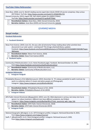 24
YouTube Video Referansları
Asian Boss. (2020, June 5). World’s leading vaccine expert fact-checks COVID-19 vaccine conspiracy: Stay curious
#22 [Video]. YouTube. https://www.youtube.com/watch?v=WQdLDMLrYIA
Harvard University. (2019, August 28). Soft robotic gripper for jellyfish [Video].
YouTube. https://www.youtube.com/watch?v=guRoWTYfxMs
• Parenthetical citations: (Asian Boss, 2020; Harvard University, 2019)
• Narrative citations: Asian Boss (2020) and Harvard University (2019)
ÇEVRİMİÇİ MEDYA
Sosyal medya
Facebook Referansları
1. Facebook Gönderisi
News From Science. (2019, June 21). Are you a fan of astronomy? Enjoy reading about what scientists have
discovered in our solar system—and beyond? This [Image attached] [Status update].
Facebook. https://www.facebook.com/ScienceNOW/photos/a.117532185107/10156268057260108/?type=
3&theater
• Parenthetical citation: (News From Science, 2019)
• Narrative citation: News From Science (2019)
2. Facebook Sayfası
Community of Multiculturalism. (n.d.). Home [Facebook page]. Facebook. Retrieved October 14, 2020,
from https://www.facebook.com/communityofmulticulturalism/
• Parenthetical citation: (Community of Multiculturalism, n.d.)
• Narrative citation: Community of Multiculturalism (n.d.)
Instagram Referansları
1. Instagram Fotoğrafı
Philadelphia Museum of Art [@philamuseum]. (2019, December 3). “It’s always wonderful to walk in and see my
work in a collection where it’s loved, and where people are [Photograph].
Instagram. https://www.instagram.com/p/B5oDnnNhOt4/
• Parenthetical citation: (Philadelphia Museum of Art, 2019)
• Narrative citation: Philadelphia Museum of Art (2019)
2. Instagram Videosu
APA Public Interest Directorate [@apapubint]. (2019, June 14). Male depression is serious, but many men try to
ignore it or refuse treatment. Different men have different symptoms, but [Video].
Instagram. https://www.instagram.com/p/BysOqenB1v7/?utm_source=ig_web_copy_link
• Parenthetical citation: (APA Public Interest Directorate, 2019)
• Narrative citation: APA Public Interest Directorate (2019)
3. Instagram Profili
National Geographic [@natgeo]. (n.d.). IGTV [Instagram profile]. Instagram. Retrieved December 8, 2019,
from https://www.instagram.com/natgeo/channel/
Swift, T. [@taylorswift]. (n.d.). Posts [Instagram profile]. Instagram. Retrieved January 9, 2020,
from https://www.instagram.com/taylorswift
 