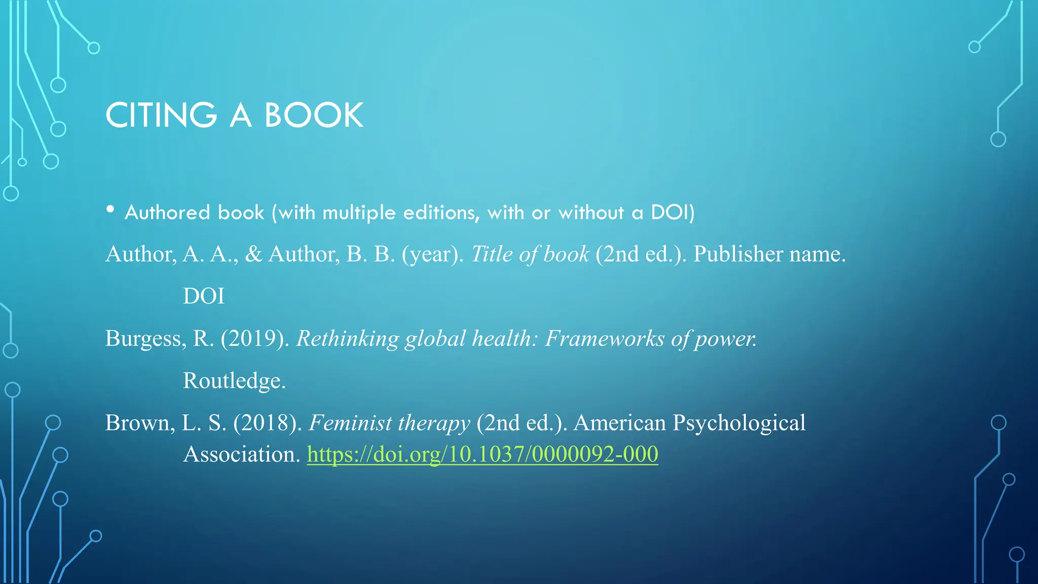 CITING A BOOK
• Authored book (with multiple editions, with or without a DOI)
Author, A. A., & Author, B. B. (year). Title of book (2nd ed.). Publisher name.
DOI
Burgess, R. (2019). Rethinking global health: Frameworks of power.
Routledge.
Brown, L. S. (2018). Feminist therapy (2nd ed.). American Psychological
Association. https://doi.org/10.1037/0000092-000
 