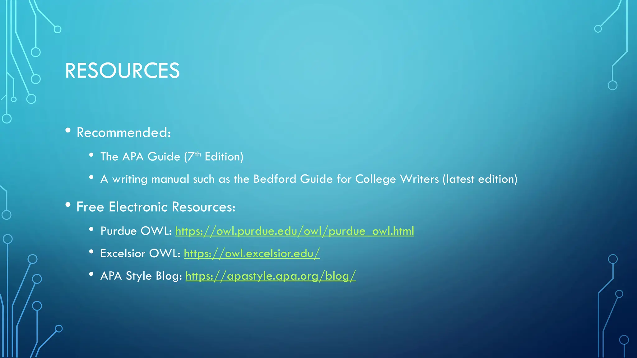 RESOURCES
• Recommended:
• The APA Guide (7th Edition)
• A writing manual such as the Bedford Guide for College Writers (latest edition)
• Free Electronic Resources:
• Purdue OWL: https://owl.purdue.edu/owl/purdue_owl.html
• Excelsior OWL: https://owl.excelsior.edu/
• APA Style Blog: https://apastyle.apa.org/blog/
 
