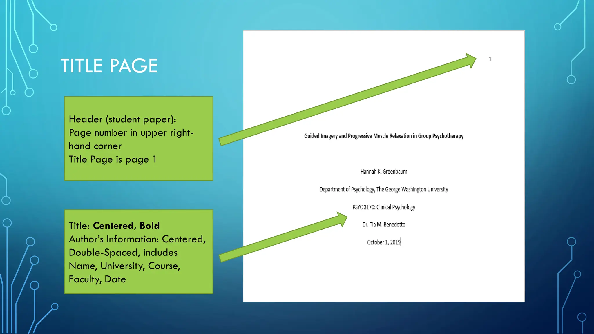 TITLE PAGE
Header (student paper):
Page number in upper right-
hand corner
Title Page is page 1
Title: Centered, Bold
Author’s Information: Centered,
Double-Spaced, includes
Name, University, Course,
Faculty, Date
 