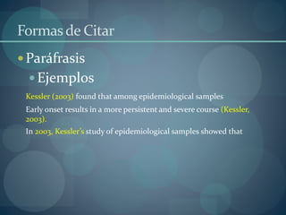 Formasde Citar
Paráfrasis
Ejemplos
Kessler (2003) found that among epidemiological samples
Early onset results in a more persistent and severe course (Kessler,
2003).
In 2003, Kessler’s study of epidemiological samples showed that
 