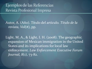 Ejemplosde las Referencias
Revista Profesional Impresa
Autor, A. (Año). Título del artículo. Título de la
revista, Vol(#), pp.
Light, M. A., & Light, I. H. (2008). The geographic
expansion of Mexican immigration in the United
States and its implications for local law
enforcement. Law Enforcement Executive Forum
Journal, 8(1), 73-82.
 