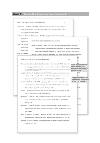 EFFECTS OF AGE ON DETECTION OF EMOTION 17
Carstensen, L. L., & Mikels, J. A. (2005). At the intersection of emotion and cognition: Aging
and the positivity effect. Current Directions in Psychological Science,14, 117–121. doi:
10.1111/j.0963-7214.2005.00348.x
Charles, S. T., Mather, M., & Carstensen, L. L.(2003). Aging and emotional memory: The
forgettable nature of negative images for older adults. Journal of Experimental
Psychology: General, 132, 310–324. doi: 10.1037/0096-3445.132.2.310
Chow, T. W., & Cummings, J. L. (2000). The amygdala and Alzheimer’s disease. In J. P.
Aggleton (Ed.), The amygdala: A functional analysis (pp. 656–680). Oxford, England:
Oxford University Press.
Davis, M., & Whalen, P. J. (2001). The amygdala: Vigilance and emotion. Molecular Psychiatry,
6, 13–34. doi: 10.1038/sj.mp.4000812
Dolan, R. J., & Vuilleumier, P. (2003). Amygdala automaticity in emotional processing. Annals
of the New York Academy of Sciences, 985, 348–355.
Eastwood, J. D., Smilek, D., & Merikle, P. M. (2001). Negative facial expression captures
attention and disrupts performance. Perceptual Physiology, 65, 352–358.
Fleischman, D. A., Wilson, R. S., Gabrieli, J. D. E., Bienias, J. L., & Bennett, D. A. (2004). A
longitudinal study of implicit and explicit memory in old persons. Psychology and Aging,
19, 617–625. doi: 10.1037/0882-7974.19.4.617
Good, C. D., Johnsrude, I. S., Ashburner, J., Henson, R. N. A., Firston, K. J., & Frackowiak, R.
S. J. (2001). A voxel-based morphometric study of ageing in 465 normal adult human
brains. NeuroImage,14, 21–36. doi:10.1006/nimg.2001.0786
ather, M., & Carstensen, L. L.(2003). Aging and emotional memory: The.
e nat
y: G
Cum
(Ed.
niver
alen
EFFECTS OF AGE ON DETECTION OF EMOTION 18
Grühn, D., Smith, J., & Baltes, P. B. (2005). No aging bias favoring memory for positive
material: Evidence from a heterogeneity-homogeneity list paradigm using emotionally
toned words. Psychology and Aging, 20, 579–588. doi:10.1037/0882-7974.20.4.579
Hahn, S., Carlson, C., Singer, S., & Gronlund, S. D. (2006). Aging and visual search: Automatic
and controlled attentional bias to threat faces. Acta Psychologica,123, 312–336. doi:
10.1016/j.actpsy.2006.01.008
Hansen, C. H., & Hansen , R. D. (1988). Finding the face in the crowd: An anger superiority
effect. Journal of Personality and Social Psychology, 54, 917–924. doi: 10.1037/0022-
3514.54.6.917
Hedden, T., & Gabrieli, J. D. E. (2004). Insights into the ageing mind: A view from cognitive
neuroscience. Nature Reviews Neuroscience, 5, 87–96. doi:10.1038/nrn1323
Isaacowitz, D. M., Wadlinger, H. A., Goren, D., & Wilson, H. R.(2006). Selective preference in
visual fixation away from negative images in old age? An eye-tracking study. Psychology
of Aging, 21, 40–48. doi:10.1037/0882-7974.21.1.40
Jennings, J. M., & Jacoby, L. L.(1993). Automatic versus intentional uses of memory: Aging,
attention, and control. Psychology and Aging, 8, 283–293. doi:10.1037/0882-
7974.8.2.283
Juth, P., Lundqvist, D., Karlsson, A., & Ohman, A. (2005). Looking for foes and friends:
Perceptual and emotional factors when finding a face in the crowd. Emotion, 5, 379–395.
doi:10.1037/1528-3542.5.4.379
Kennedy, Q., Mather, M., & Carstensen, L. L.(2004). The role of motivation in the age-related
positive bias in autobiographical memory. Psychological Science, 15, 208–214.
doi:10.1111/j.0956-7976.2004.01503011.x
Davis, M., & Wha
6, 13–33 34. d
Dolan, R. J., & Vu
of the New
Eastwood, J. D., S
attention an
Fleischman, D. A.
longitudina
19, 617–77 62
Good, C. D., John
S. J. (2001).
brains. Neu
alen
doi:
uille
w Yo
Smil
nd d
, W
al st
25. d
srud
). A
uroI
Hahn, S., Carlson, C., Singer, S., & Gronlund, S. D. (2006). Aging and visual search: Automa
and controlled attentional bias to threat faces. Acta Psychologica,123, 312–22 336. doi:
10.1016/j.actpsy.2006.01.008
Hansen, C. H., & Hansen , R. D. (1988). Finding the face in the crowd: An anger superiority
effect. Journal of Personality and Social Psychology, 54, 917–77 924. doi: 10.1037/0022-
3514.54.6.917
Hedden, T., & Gabrieli,ii J. D. E. (2004). Insights into the ageing mind: A view from cognitive
neuroscience. Nature Reviews Neuroscience, 5, 87–77 96. doi:10.1038/nrn1323
Isaacowitz, D. M., Wadlinger, H. A., Goren, D., & Wilson, H. R.(2006). Selective preference.
visual fixation away from negative images in old age? An eye-ee tracking study. Psycholo
of Aging, 21, 40–00 48. doi:10.1037/0882-22 7974.21.1.40
Jennings, J. M., & Jacoby, L. L.(1993). Automatic versus intentional uses of memory: Aging,.
attention, and control. Psychology and Aging, 8, 283–33 293. doi:10.1037/0882-
7974.8.2.283
Juth, P., Lundqvist, D., Karlsson, A., & Ohman, A. (2005). Looking for foes and friends:
Perceptual and emotional factors when finding a face in the crowd. Emotion, 5, 379–99 39
doi:10.1037/1528-3542.5.4.379
Kennedy, Q., Mather, M., & Carstensen, L. L.(2004). The role of motivation in the age. -relate
positive bias in autobiographical memory. Psychological Science, 15, 208–88 214.
doi:10.1111/j.0956-66 7976.2004.01503011.x
EFFECTS OF AGE ON DETECTION OF EMOTION 19
Kensinger, E. A., Brierley, B., Medford, N., Growdon, J. H., & Corkin, S. (2002). Effects of
normal aging and Alzheimer’s disease on emotional memory. Emotion, 2, 118–
10.1037/1528-3542.2.2.118
Lang, P. J., Bradley,M. M., & Cuthbert, B. N. (1997). Motivated attention: Affect, activation,
and action. In P. J. Lang, R. F. Simons, & M. Balaban (Eds.), Attention and orienting:
Sensory and motivational processes (pp. 97–135). Mahwah, NJ: Erlbaum.
Leclerc, C. M., & Hess, T. M. (2005, August). Age differences in processing of affectively
primed information. Poster session presented at the 113th Annual Convention of the
American Psychological Association, Washington, DC.
LeDoux, J. E. (1995). Emotion: Clues from the brain. Annual Review of Psychology,46, 209–
235. doi:10.1146/annurev.ps.46.020195.001233
Mather,M., & Knight, M. (2005). Goal-directed memory: The role of cognitive control in older
adults’ emotional memory. Psychology and Aging, 20, 554–570. doi:10.1037/0882-
7974.20.4.554
Mather,M., & Knight, M. R. (2006). Angry faces get noticed quickly: Threat detection is not
impaired among older adults. Journals of Gerontology, Series B: Psychological Sciences,
61B, P54–P57.
Mogg, K., Bradley, B. P., de Bono, J., & Painter, M. (1997). Time course of attentional bias for
threat information in non-clinical anxiety. Behavioral Research Therapy, 35, 297–303.
Nelson, H. E. (1976). A modified Wisconsin card sorting test sensitive to frontal lobe defects.
Cortex, 12, 313–324.
Example of reference to a
book chapter, print verison,
no DOI, 7.02, Example 25
Digital object identifier as
article identifier, 6.31;
Example of reference to a
periodical, 7.01
134. doi:
Figure 2.1. Sample One-Experiment Paper (continued)
 