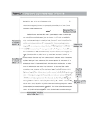 EFFECTS OF AGE ON DETECTION OF EMOTION 11
software. Before beginning the actual task, participants performed 20 practice trials to assure
compliance with the task instructions.
Results
Analyses focus on participants’ RTs to the 120 trials in which a target was present and
was from a different emotional category from the distractor (e.g., RTs were not included for
arrays containing eight images of a cat and one image of a butterfly because cats and butterflies
are both positive low arousal items). RTs were analyzed for 24 trials of each target emotion
category. RTs for error trials were excluded (less than 5% of all responses) as were RTs that
were ±3SD from each participant’s mean (approximately 1.5% of responses). Median RTs were
then calculated for each of the five emotional target categories, collapsing across array type (see
Table 2 for raw RT values for each of the two age groups). This allowed us to examine, for
example, whether participants were faster to detect images of snakes than images of mushrooms,
regardless of the type of array in which they were presented. Because our main interest was in
examining the effects of valence and arousal on participants’ target detection times, we created
scores for each emotional target category that controlled for the participant’s RTs to detect
neutral targets (e.g., subtracting the RT to detect neutral targets from the RT to detect positive
high arousal targets). These difference scores were then examined with a 2 × 2 × 2 (Age [young,
older] × Valence [positive, negative] × Arousal [high, low]) analysis of variance (ANOVA). This
ANOVA revealed only a significant main effect of arousal, F(1, 46) = 8.41,p = .006, ηp
2
= .16,
with larger differences between neutral and high arousal images (M = 137) than between neutral
and low arousal images (M = 93; i.e., high arousal items processed more quickly across both age
groups compared with low arousal items; see Figure 1). There was no significant main effect for
valence, nor was there an interaction between valence and arousal. It is critical that the analysis
Symbols, 4.45;
Numbers, 4.31
Abbreviations
accepted as
words, 4.24
Numbering and discussing
figures in text, 5.05
Nouns followed
by numerals or
letters, 4.17
Reporting
p values,
decimal
fractions,
4.35
Statistical symbols,
4.46, Table 4.5
Elements of the
Results section, 2.07
Figure 2.1. Sample One-Experiment Paper (continued)
 