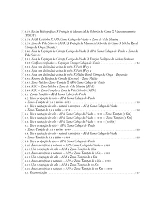 5.77. Bacias Hidrográficas X Proteção de Manancial do Ribeirão do Gama X Macrozoneamento
(PDOT)
5.78. APM Catetinho X APA Gama Cabeça-de-Veado + Zona de Vida Silvestre
5.79. Zona de Vida Silvestre (APA) X Proteção de Manancial Ribeirão do Gama X Núcleo Rural
Córrego da Onça (Decreto)
5.80. Área de Captação do Córrego Cabeça-de-Veado X APA Gama Cabeça-de-Veado + Zona de
Vida Silvestre
5.81. Área de Captação do Córrego Cabeça-de-Veado X Estação Ecológica do Jardim Botânico
5.82. Conflitos verificados – Captação Córrego Cabeça-de-Veado . . . . . . . . . . . . . . . . . . . . . .124
5.83. Área com declividade acima de 10% X Park Way 1
5.84. Área com declividade acima de 10% X Park Way 2
5.85. Área com declividade acima de 10% X Núcleo Rural Córrego da Onça – Expansão
5.86. Reserva da Biosfera do Cerrado (Decreto) – Zona-Núcleo
5.87. Zona-Núcleo e Zona-Tampão X APA Gama Cabeça-de-Veado
5.88. RBC – Zona-Núcleo x Zona de Vida Silvestre (APA)
5.89. RBC – Zona-Tampão x Zona de Vida Silvestre (APA)
6.1. Zonas-Tampão – APA Gama Cabeça-de-Veado
6.2. Uso e ocupação do solo – APA Gama Cabeça-de-Veado
+ Zonas-Tampão de 3,6 e 10 km -1953 . . . . . . . . . . . . . . . . . . . . . . . . . . . . . . . . . . . . . . . .130
6.3. Uso e ocupação do solo – natural e antrópico – APA Gama Cabeça-de-Veado
+ Zonas-Tampão de 3,6 e 10km – 1953 . . . . . . . . . . . . . . . . . . . . . . . . . . . . . . . . . . . . . . . . . . .130
6.4. Uso e ocupação do solo – APA Gama Cabeça-de-Veado – 1953 – Zona-Tampão (3 Km)
6.5. Uso e ocupação do solo – APA Gama Cabeça-de-Veado – 1953 – Zona-Tampão (6 Km)
6.6. Uso e ocupação do solo – APA Gama Cabeça-de-Veado – 1953 – (10 Km)
6.7. Uso e ocupação do solo – APA Gama Cabeça-de-Veado
+ Zonas-Tampão de 3,6 e 10 km -1999 . . . . . . . . . . . . . . . . . . . . . . . . . . . . . . . . . . . . . . . . . .130
6.8. Uso e ocupação do solo – natural e antrópico – APA Gama Cabeça-de-Veado
+ Zonas-Tampão de 3,6 e 10km – 1999 . . . . . . . . . . . . . . . . . . . . . . . . . . . . . . . . . . . . . . . . . . . .130
6.9. Uso e ocupação do solo – APA Gama Cabeça-de-Veado
6.10. Áreas antrópicas e naturais – APA Gama Cabeça-de-Veado – 1999
6.11. Uso e ocupação do solo – APA e Zona-Tampão de 3Km
6.12. Áreas antrópicas e naturais – APA e Zona-Tampão de 3Km – 1999
6.13. Uso e ocupação do solo – APA e Zona-Tampão de 6 Km
6.14. Áreas antrópicas e naturais – APA e Zona-Tampão de 6 Km – 1999
6.15. Uso e ocupação do solo – APA e Zona-Tampão de 10 Km
6.16. Áreas antrópicas e naturais – APA e Zona-Tampão de 10 Km – 1999
7.1. Recomendações . . . . . . . . . . . . . . . . . . . . . . . . . . . . . . . . . . . . . . . . . . . . . . . . . . . . . . .137
 