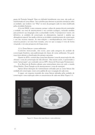 42
grupo de Proteção Integral. Uma vez definida formalmente esta zona, não pode ser
transformada em zona urbana. Isto contribui para diminuir as pressões antrópicas sobre
as unidades, que tendem a ser "ilhas" no meio da paisagem cada vez mais modificada
pelas atividades humanas.
A Lei do SNUC é uma conquista, porque o plano de manejo deverá contemplar
a unidade, sua zona de amortecimento e seu corredor ecológico, incluindo medidas
para promover sua integração com a comunidade vizinha. A perspectiva é inserir, em
definitivo, as unidades de conservação no planejamento regional e ampliar sua
abrangência espacial. Isso ajuda a efetivar as atividades complementares de conservação
e uso dos recursos naturais. As inter-relações e interdependências entre homem e
natureza passam a ser mais bem tratadas, uma vez que o espaço é visto de forma
integrada, e em uma perspectiva de longo prazo.
3.2.4. Zonas básicas e zonas ambientais
Conforme mencionado, não existe, para cada categoria de unidade de
conservação brasileira, uma padronização de classes de zonas ambientais. Em geral,
essas áreas adotam a classificação dos parques nacionais.
Quanto às APA’s, existem duas zonas bem distintas (zona de preservação da vida
silvestre e zona de conservação da vida silvestre). Mas mesmo assim, é questionado o
termo "preservação", por confundir com as APP’s (Áreas de Preservação Permanentes).
Já as Reservas da Biosfera adotam uma nomenclatura única em todo o mundo
(Zona-Núcleo, Zona-Tampão ou de amortecimento e zona de transição).
Apesar dessas distinções de nomenclaturas utilizadas para as zonas básicas das
unidades de conservação, existe certo padrão de uso e ocupação de cada zona.
A seguir, um esquema resumido das zonas básicas adotadas pelas unidades de
conservação e uma explicação sobre as características de cada uma delas (Figura 3.3).
Figura 3.3. Mosaico das zonas básicas e zonas ambientais.
 