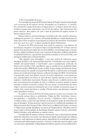 66
4.2.4. Comunidades de peixes
A comunidade de peixes da APA Gama Cabeça-de-Veado é bastante diversificada,
com a presença de 40 espécies nativas, distribuídas em 24 gêneros e 11 famílias.
Os caraciformes (grupo dominante em águas doces) e os bagres (peixes de couro)
formam os grupos mais importantes, com 87,5% das espécies. Um representante dos
peixes elétricos, duas espécies de carás e duas de peixinhos de aquário formam as
demais espécies nativas.
Dessas espécies, merecem destaque os lambaris-do-rabo-amarelo (Astyanax
scabrippinnis paranae e A.s. rivularis), pela grande abundância e ampla distribuição em
toda a bacia. Entre as espécies novas figuram seis espécies de charutinhos (Characidium
sp b, sp c, sp d, sp e e sp f ), e alguns cascudos do gênero Hypostomus.
As bacias da APA apresentam duas espécies aquáticas com padrões de
distribuição intrigantes: um pequeno bagre (Cetopsorhamdia aff. molinae) tem seu
parente mais próximo nas águas dos rios da Colômbia, com drenagem para o Oceano
Pacífico; padrão semelhante ocorre com o camarão de água doce endêmico de Brasília
(Cryphiops brasiliensis), cujo parente mais próximo encontra-se em rios do Chile, com
drenagem também para o Oceano Pacífico.
Não obstante essas curiosidades, o caso mais notável de endemismo nessas
drenagens da APA é o de Simpsonichthys boitonei. Considerado como uma "espécie-
símbolo" da Capital Federal, o "pirá-brasília", como é popularmente conhecido, foi
descrito por Carvalho (1959, apud Ribeiro) para as veredas da foz do Riacho Fundo,
onde está inserida a ARIE Riacho Fundo, na APA. A ação sinérgica de diferentes fatores
antrópicos parece ter causado a extinção local da espécie, a qual encontra-se protegida
apenas nas veredas do Córrego Taquara, na Reserva Ecológica do IBGE. O pirá-brasília
é um peixinho anual. Seus adultos, com até 10 cm de comprimento, vivem apenas um
ano, reproduzindo-se nos brejos no início da seca, quando enterram os ovos no solo
orgânico e úmido desse ecossistema. Durante o pico da seca, os adultos morrem, mas
seus ovos permanecem protegidos no solo e os filhotes só nascem quando as chuvas
retornam e enchem novamente os brejos. Por isso mesmo, os pirás-brasília são muito
frágeis e possuem pequenas populações que vivem isoladas em pequenas poças. A
espécie mais comum dos brejos e veredas é Rivulus pictus, que apresenta a segunda
maior dominância na bacia.
As espécies exóticas da bacia do Gama parecem restritas aos córregos, não
constituindo ameaça direta ao pirá-brasília. Tilápia do Nilo (Oreochromus niloticus),
barrigudinhos e espadinhas (Poecilia reticulata e Xiphophorus helleri) podem ter
invadido a bacia, a partir do Lago Paranoá ou de pequenos açudes de piscicultura da
área de drenagem. As duas primeiras espécies parecem ter estabelecido populações em
diferentes pontos dos Córregos Cedro e Mato Seco e no Ribeirão do Gama, e ao menos
a Tilápia possui grande abundância na represa de Vargem Bonita. Planaltina meyersi
parece seguir o mesmo padrão de distribuição daquelas espécies exóticas, colonizando
habitats alterados, onde substituem as espécies nativas.
A proliferação de espécies exóticas e detritívoras (que se aproveitam do grande
aporte de sedimentos nos canais) está diretamente ligada à deterioração dos habitats
aquáticos, onde substituem as espécies nativas, dependentes de invertebrados aquáticos
(sufocados pela sedimentação excessiva) e terrestres (vindos das matas de galeria, cada
vez mais raras e degradadas). A degradação dos habitats aquáticos está possibilitando o
 