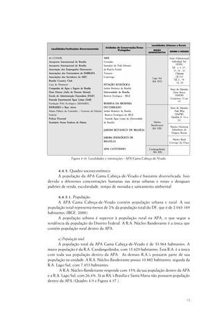 75
Figura 4.16. Localidades e instituições - APA Gama Cabeça-de-Veado
4.4.3. Quadro socioeconômico
A população da APA Gama Cabeça-de-Veado é bastante diversificada. Isso
devido a diferentes concentrações humanas nas áreas urbanas e rurais e desiguais
padrões de renda, escolaridade, tempo de moradia e saneamento ambiental.
4.4.3.1. População
A APA Gama Cabeça-de-Veado contém população urbana e rural. A sua
população total representa menos de 2% da população total do DF, que é de 2.043.169
habitantes (IBGE, 2000).
A população urbana é superior à população rural na APA, o que segue a
tendência da população do Distrito Federal. A R.A. Núcleo Bandeirante é a única que
contém população rural dentro da APA.
a) População total
A população total da APA Gama Cabeça-de-Veado é de 33.964 habitantes. A
maior população é da R.A. Candangolândia, com 15.629 habitantes. Esta R.A. é a única
com toda sua população dentro da APA. As demais R.A.’s possuem parte de sua
população na unidade. A R.A. Núcleo Bandeirante possui 10.882 habitantes, seguida da
R.A. Lago Sul, com 7.453 habitantes.
A R.A. Núcleo Bandeirante responde com 33% da sua população dentro da APA
e a R.A. Lago Sul, com 26,4%. Já as RA.’s Brasília e Santa Maria não possuem população
dentro da APA (Quadro 4.9 e Figura 4.17 ).
 