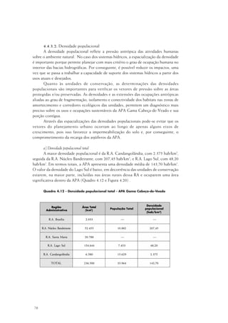 78
4.4.3.2. Densidade populacional
A densidade populacional reflete a pressão antrópica das atividades humanas
sobre o ambiente natural. No caso dos sistemas hídricos, a espacialização da densidade
é importante porque permite planejar com mais critério o grau de ocupação humana no
interior das bacias hidrográficas. Por conseguinte, é possível reduzir os impactos, uma
vez que se passa a trabalhar a capacidade de suporte dos sistemas hídricos a partir dos
usos atuais e desejados.
Quanto às unidades de conservação, as determinações das densidades
populacionais são importantes para verificar os vetores de pressão sobre as áreas
protegidas e/ou preservadas. As densidades e as extensões das ocupações antrópicas
aliadas ao grau de fragmentação, isolamento e conectividade dos habitats nas zonas de
amortecimento e corredores ecológicos das unidades, permitem um diagnóstico mais
preciso sobre os usos e ocupações sustentáveis da APA Gama Cabeça-de-Veado e sua
porção contígua.
Através das espacializações das densidades populacionais pode-se evitar que os
vetores do planejamento urbano ocorram ao longo de apenas alguns eixos de
crescimento, pois isso favorece a impermeabilização do solo e, por conseguinte, o
comprometimento da recarga dos aqüíferos da APA.
a) Densidade populacional total
A maior densidade populacional é da R.A. Candangolândia, com 2.375 hab/km2
,
seguida da R.A. Núcleo Bandeirante, com 207,45 hab/km2
; e R.A. Lago Sul, com 48,20
hab/km2
. Em termos totais, a APA apresenta uma densidade média de 143,70 hab/km2
.
O valor da densidade do Lago Sul é baixo, em decorrência das unidades de conservação
estarem, na maior parte, incluídas nas áreas rurais dessa RA e ocuparem uma área
significativa dentro da APA (Quadro 4.12 e Figura 4.20) .
Quadro 4.12 - Densidade populacional total - APA Gama Cabeça-de-Veado
 