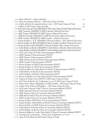 4.24. Marco referencial – aspectos ambientais . . . . . . . . . . . . . . . . . . . . . . . . . . . . . . . . . . . . . .81
4.25. Índice de saneamento ambiental – APA Gama Cabeça-de-Veado
4.26. Análise ambiental do saneamento urbano e rural – APA Gama Cabeça-de-Veado . . . . . . .92
5.1. Conflitos da APA Gama Cabeça-de-Veado . . . . . . . . . . . . . . . . . . . . . . . . . . . . . . . . . . . .94
5.2. APA Gama Cabeça-de-Veado (SEMARH) X APA Gama Cabeça-de-Veado (Memorial Descritivo)
5.3. ARIE Capetinga (SEMARH) X ARIE Capetinga (Memorial Descritivo)
5.4. ARIE Taquara (SEMARH) X ARIE Taquara (Memorial Descritivo)
5.5. ARIE Riacho Fundo (SEMARH) X ARIE Riacho Fundo (Memorial Descritivo)
5.6. ARIE Cerradão (SEMARH) X ARIE Cerradão ( Memorial Descritivo)
5.7. Estação Ecológica J. B. B. (SEMARH) X Estação Ecológica J. B.B. (Memorial Descritivo)
5.8. Reserva Ecológica do IBGE (SEMARH) X Reserva Ecológica do IBGE (Memorial Descritivo)
5.9. Estação Ecológica UnB (SEMARH) X Estação Ecológica UnB ( Memorial Descritivo)
5.10. Jardim Botânico de Brasília (SEMARH) X Jardim Botânico de Brasília (Memorial Descritivo)
5.11. Jardim Zoológico de Brasília (SEMARH) X Jardim Zoológico de Brasília (Memorial Descritivo)
5.12. APA Gama Cabeça-de-Veado X Macrozoneamento (PDOT)
5.13. ARIE Capetinga X Macrozoneamento (PDOT)
5.14. ARIE Taquara X Macrozoneamento (PDOT)
5.15. ARIE Santuário do Riacho Fundo X Macrozoneamento (PDOT)
5.16. ARIE Cerradão X Macrozoneamento (PDOT)
5.17. Reserva Ecológica do IBGE X Macrozoneamento (PDOT)
5.18. Estação Ecológica da UnB X Macrozoneamento (PDOT)
5.19. Estação Ecológica do Jardim Botânico de Brasília X Macrozoneamento (PDOT)
5.20. Jardim Botânico de Brasília X Macrozoneamento (PDOT)
5.21. Jardim Zoológico de Brasília X Macrozoneamento PDOT
5.22. Reserva da Biosfera do Cerrado (Zona-Núcleo) X Macrozoneamento PDOT
5.23. Proposta de Sistema Viário (PDOT) X APA Gama Cabeça-de-Veado
5.24. Anel Viário de Brasília (Lei Complementar n0 362) X APA Gama Cabeça-de-Veado
5.25. Sistema Viário x Bacias Hidrográficas X APM Catetinho – APA Gama Cabeça-de-Veado
5.26. Sistema Viário X Bacias Hidrográficas – APA Gama Cabeça-de-Veado
5.27. APA Gama Cabeça-de-Veado X Zona de Conservação Ambiental (PDOT)
5.28. ARIE Capetinga X Zona de Conservação Ambiental (PDOT)
5.29. ARIE Taquara X Zona de Conservação Ambiental (PDOT)
5.30. ARIE Riacho Fundo X Zona de Conservação Ambiental (PDOT)
5.31. ARIE Cerradão X Zona de Conservação Ambiental (PDOT)
5.32. Estação Ecológica UnB X Zona de Conservação Ambiental (PDOT)
5.33. Estação Ecológica Jardim Botânico de Brasília X Zona de Conservação Ambiental (PDOT)
5.34. Reserva Ecológica do IBGE X Zona de Conservação Ambiental (PDOT)
5.35. Jardim Botânico de Brasília X Zona de Conservação Ambiental (PDOT)
5.36. Jardim Zoológico de Brasília X Zona de Conservação Ambiental (PDOT)
5.37. Reserva da Biosfera do Cerrado (Zona-Núcleo) X Zona de Conservação Ambiental (PDOT)
5.38. Cronologia dos acontecimentos – Projeto de Lei Complementar n0 451/99 . . . . . . . . . . . . .108
5.39. .Zona de Vida Silvestre da APA Gama Cabeça-de-Veado
 