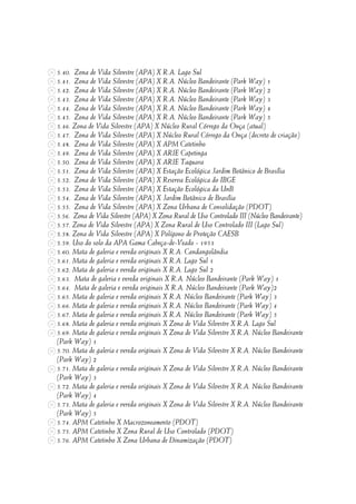 5.40. Zona de Vida Silvestre (APA) X R.A. Lago Sul
5.41. Zona de Vida Silvestre (APA) X R.A. Núcleo Bandeirante (Park Way) 1
5.42. Zona de Vida Silvestre (APA) X R.A. Núcleo Bandeirante (Park Way) 2
5.43. Zona de Vida Silvestre (APA) X R.A. Núcleo Bandeirante (Park Way) 3
5.44. Zona de Vida Silvestre (APA) X R.A. Núcleo Bandeirante (Park Way) 4
5.45. Zona de Vida Silvestre (APA) X R.A. Núcleo Bandeirante (Park Way) 5
5.46. Zona de Vida Silvestre (APA) X Núcleo Rural Córrego da Onça (atual)
5.47. Zona de Vida Silvestre (APA) X Núcleo Rural Córrego da Onça (decreto de criação)
5.48. Zona de Vida Silvestre (APA) X APM Catetinho
5.49. Zona de Vida Silvestre (APA) X ARIE Capetinga
5.50. Zona de Vida Silvestre (APA) X ARIE Taquara
5.51. Zona de Vida Silvestre (APA) X Estação Ecológica Jardim Botânico de Brasília
5.52. Zona de Vida Silvestre (APA) X Reserva Ecológica do IBGE
5.53. Zona de Vida Silvestre (APA) X Estação Ecológica da UnB
5.54. Zona de Vida Silvestre (APA) X Jardim Botânico de Brasília
5.55. Zona de Vida Silvestre (APA) X Zona Urbana de Consolidação (PDOT)
5.56. Zona de Vida Silvestre (APA) X Zona Rural de Uso Controlado III (Núcleo Bandeirante)
5.57. Zona de Vida Silvestre (APA) X Zona Rural de Uso Controlado III (Lago Sul)
5.58. Zona de Vida Silvestre (APA) X Polígono de Proteção CAESB
5.59. Uso do solo da APA Gama Cabeça-de-Veado - 1953
5.60. Mata de galeria e vereda originais X R.A. Candangolândia
5.61. Mata de galeria e vereda originais X R.A. Lago Sul 1
5.62. Mata de galeria e vereda originais X R.A. Lago Sul 2
5.63. Mata de galeria e vereda originais X R.A. Núcleo Bandeirante (Park Way) 1
5.64. Mata de galeria e vereda originais X R.A. Núcleo Bandeirante (Park Way)2
5.65. Mata de galeria e vereda originais X R.A. Núcleo Bandeirante (Park Way) 3
5.66. Mata de galeria e vereda originais X R.A. Núcleo Bandeirante (Park Way) 4
5.67. Mata de galeria e vereda originais X R.A. Núcleo Bandeirante (Park Way) 5
5.68. Mata de galeria e vereda originais X Zona de Vida Silvestre X R.A. Lago Sul
5.69. Mata de galeria e vereda originais X Zona de Vida Silvestre X R.A. Núcleo Bandeirante
(Park Way) 1
5.70. Mata de galeria e vereda originais X Zona de Vida Silvestre X R.A. Núcleo Bandeirante
(Park Way) 2
5.71. Mata de galeria e vereda originais X Zona de Vida Silvestre X R.A. Núcleo Bandeirante
(Park Way) 3
5.72. Mata de galeria e vereda originais X Zona de Vida Silvestre X R.A. Núcleo Bandeirante
(Park Way) 4
5.73. Mata de galeria e vereda originais X Zona de Vida Silvestre X R.A. Núcleo Bandeirante
(Park Way) 5
5.74. APM Catetinho X Macrozoneamento (PDOT)
5.75. APM Catetinho X Zona Rural de Uso Controlado (PDOT)
5.76. APM Catetinho X Zona Urbana de Dinamização (PDOT)
 