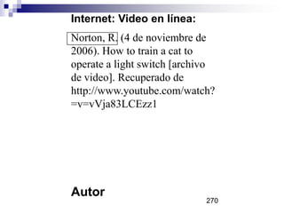 Internet: Video en línea:
Norton, R. (4 de noviembre de
2006). How to train a cat to
operate a light switch [archivo
de video]. Recuperado de
http://www.youtube.com/watch?
=v=vVja83LCEzz1
Autor
270
 