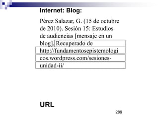 Internet: Blog:
Pérez Salazar, G. (15 de octubre
de 2010). Sesión 15: Estudios
de audiencias [mensaje en un
blog]. Recuperado de
http://fundamentosepistemologi
cos.wordpress.com/sesiones-
unidad-ii/
URL
289
 