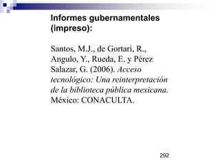 Informes gubernamentales
(impreso):
Santos, M.J., de Gortari, R.,
Angulo, Y., Rueda, E. y Pérez
Salazar, G. (2006). Acceso
tecnológico: Una reinterpretación
de la biblioteca pública mexicana.
México: CONACULTA.
292
 