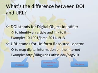 What’s	
  the	
  diﬀerence	
  between	
  DOI	
  
and	
  URL?	
  

² 	
  DOI	
  stands	
  for	
  Digital	
  Object	
  Iden4ﬁer	
  
    ² 	
  to	
  iden4fy	
  an	
  ar4cle	
  and	
  link	
  to	
  it	
  
    Example:	
  10.1001/jama.2011.1913	
  
² 	
  URL	
  stands	
  for	
  Uniform	
  Resource	
  Locator	
  
    ² 	
  to	
  map	
  digital	
  informa4on	
  on	
  the	
  Internet	
  
    Example:	
  hdp://libguides.uthsc.edu/nsg510	
  
                                          Domain/Host	
  
         Protocol	
                          name	
                       File	
  name	
  
 